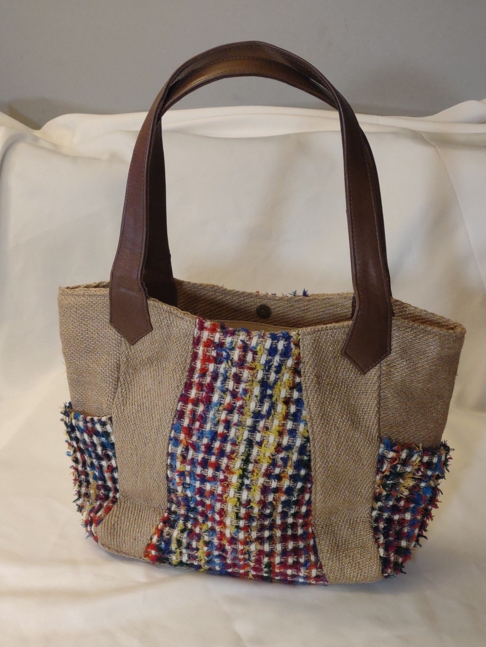 NWOT Multicolor Jute W/Cotton Weave Accent Tote Bag - Brown Handles